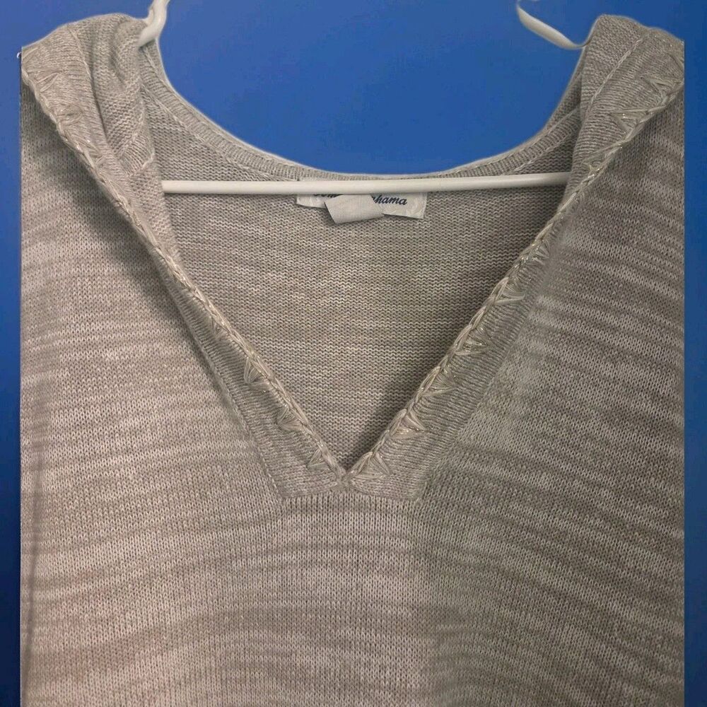 Tommy Bahama Anacapa Fringe Linen Blend Sweater V-Neck Hooded Women M Taupe Boho